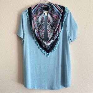 World Unity Women's  Sky Blue Tee with Patterned Scarf Attached SZ 0X EUC
